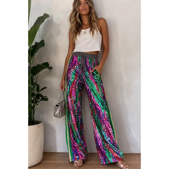 Dimora Italy Multicolor Sequin Wide Leg Pants IT 40 US Small NWT Disco Festival - Picture 1 of 9